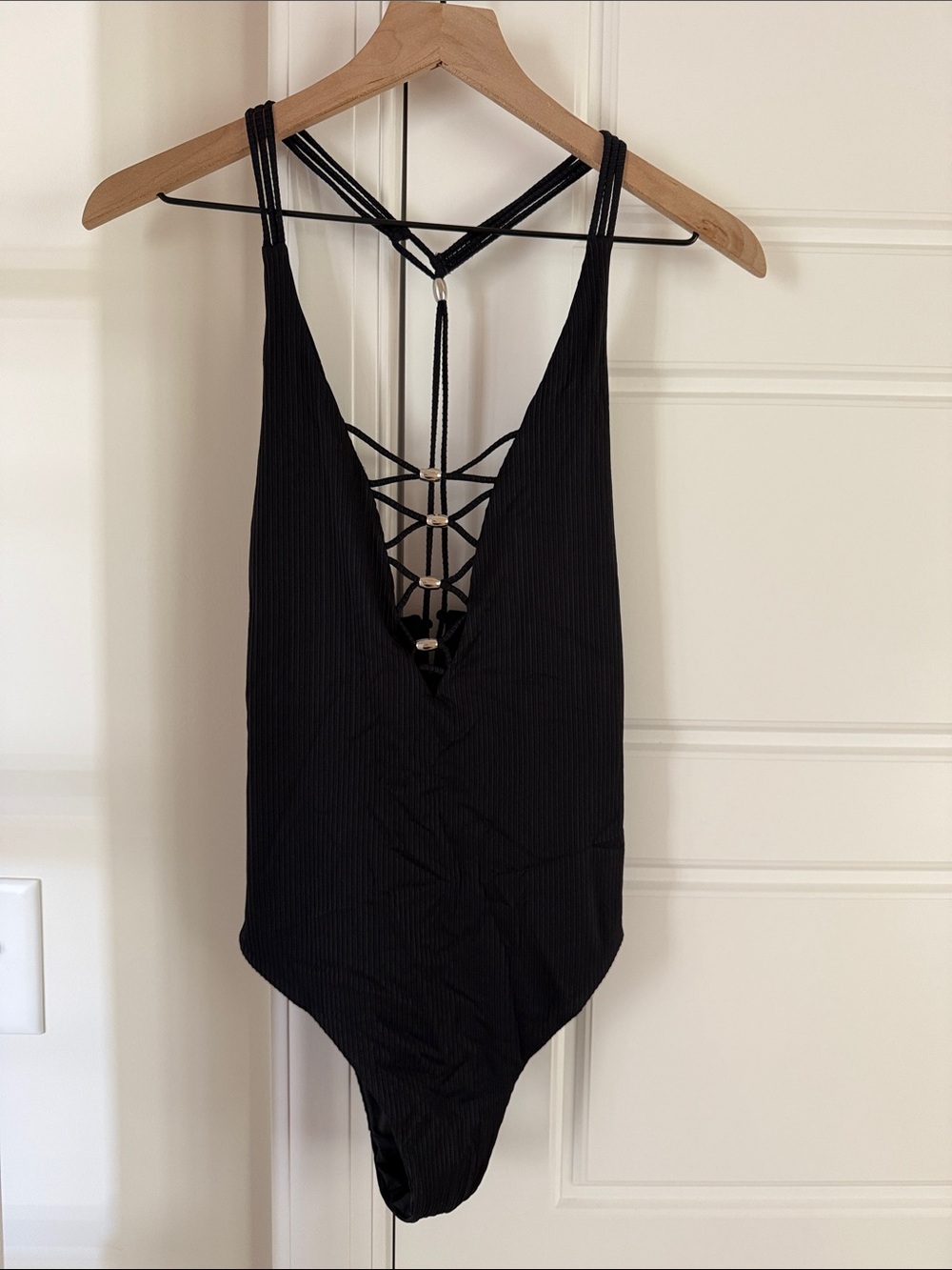 Marshalls Black Ribbed One-Piece Swimsuit with Strappy Back